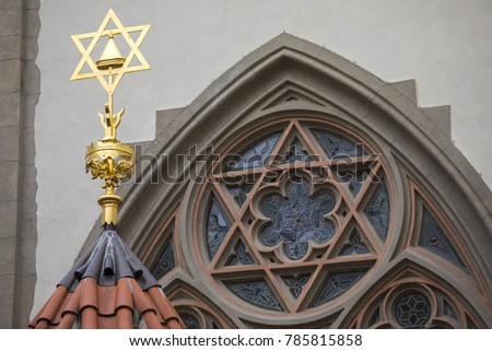 The Jewish Star on the exterior of the Maisel Synagogue, located in the Jewish Quarter of Prague in Czech Republic. Royalty-Free Stock Photo #785815858