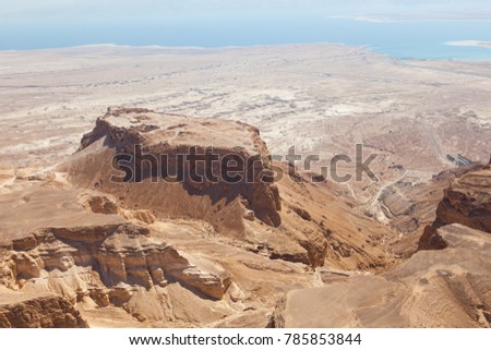 Masada UNESCO world heritage site near the Dead Sea in Israel seen from above in an aerial skyline photo Royalty-Free Stock Photo #785853844