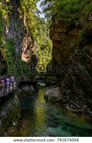 The Vintgar Gorge in Slovenia. Famous canyon with river Radovna, waterfalls and wooden bridges pathway. Touristic landmark of Slovenia.