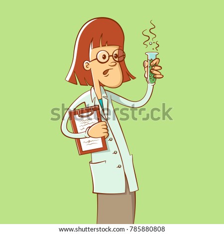 Woman scientist holding a test tube. Successful experiment. Cartoon illustration