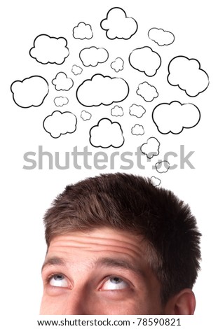 Young man with Speech Bubbles over his head, isolated on white background