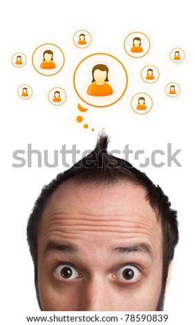 Funny Young man with social icons over head, isolated on white background