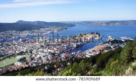 Top view of the harbor of Bergen city, beautiful landscape, sunny day, Hordaland county, Norway