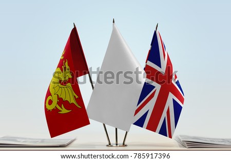 Flags of Wessex and United Kingdom with a white flag in the middle