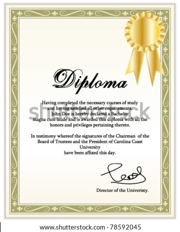 Vintage frame, certificate or diploma template with golden award ribbon. Vector illustration.
