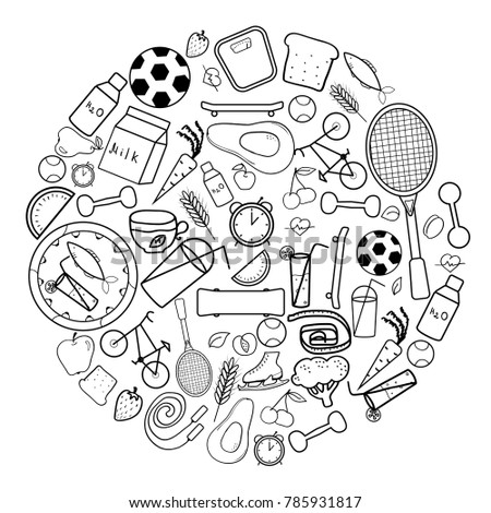 Sports equipment and attributes of a healthy lifestyle are arranged in a circle.