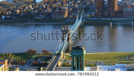 An aerial Roebling Bridge and Ohio River in Cincinnati
