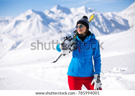 Girl skiing in the Georgian mountains
