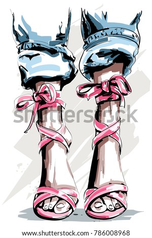 Cute hand drawn legs in shoes. Beautiful summer shoes. Fashion accessories. Sketch. Vector illustration.