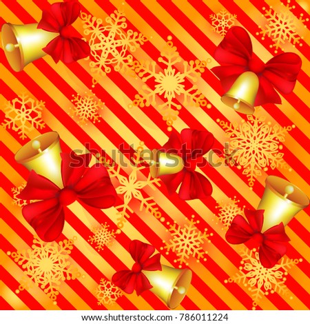 Beautiful Striped Background with Golden Snowflakes, Bells and Red Bows. New Year Festive Bright Pattern. Greeting card. Beautiful Design Decoration of Gift Packaging. Red background.
