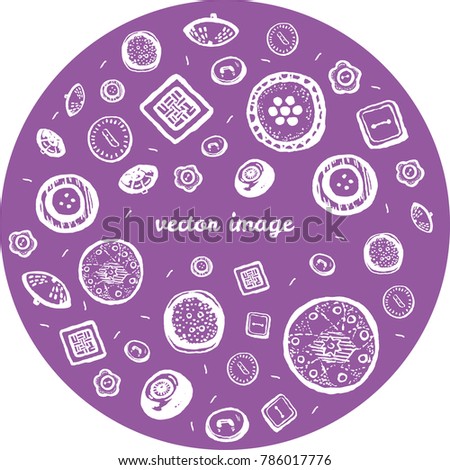 Hand drawn vector set of white ink clothing buttons on purple circle
