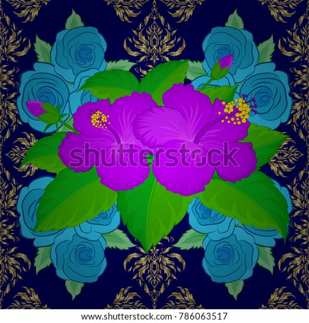 Vector seamless floral pattern with hibiscus flowers and leaves in green, magenta and blue colors.