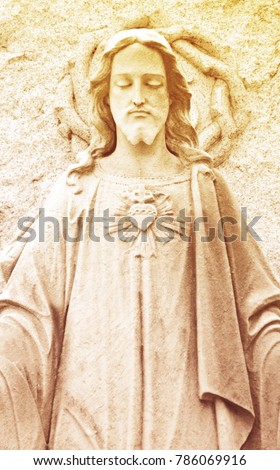 Jesus statue close up with Sacred heart. Jesus Christ the King, son of God. 