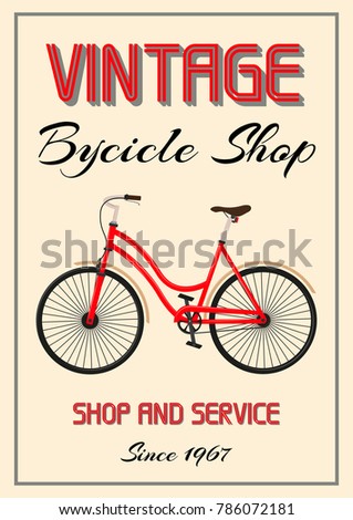 Vintage bike shop flyer, poster, brochure. Vector illustration. Advertising flyer