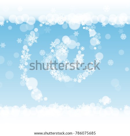 Winter frame with white snowflakes for Christmas and New Year celebration. Holiday winter frame on blue background for banners, gift coupons, vouchers, ads, party events. Falling frosty snow.