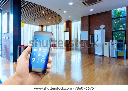 smart phone with smart home and lobby in modern gym