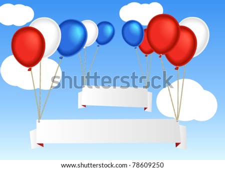 Group of flying air balloons with blank information banners in the sky