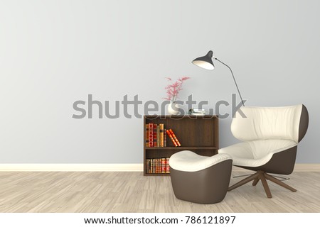 Minimal. White living room interior with white and brown leather armchair, cabinet, book, black lamp and red plants on empty white wall background.3d rendering.
