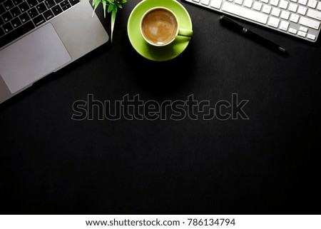 Mock up : Office desktop with office accessories, Dark Desktop with business objects and coffee.