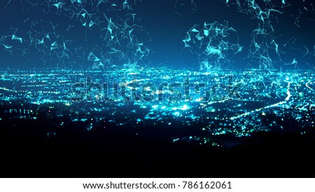 abstract dot and line connection on night city background