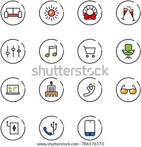 line vector icon set - vip waiting area vector, sun, christmas wreath, wine glasses, settings, music, cart, office chair, statistics monitor, bank building, flying man, sunglasses, power, phone