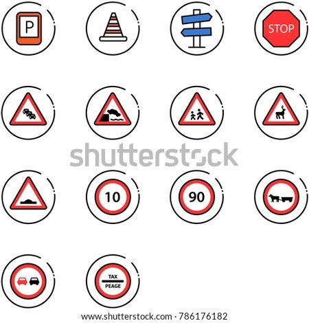 line vector icon set - parking sign vector, road cone, signpost, stop, multi lane traffic, embankment, children, wild animals, artificial unevenness, speed limit 10, 90, no cart horse, overtake