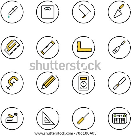 line vector icon set - pipette vector, floor scales, fretsaw, trowel, level, corner ruler, chisel, clamp, pencil, multimeter, rasp, stapler, awl, toy piano
