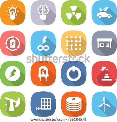 flat vector icon set - bulb vector, brain, nuclear, eco car, battery charge, infinity power, chip, gas station, electricity, led, on off button, press, oil pump, solar panel, pancakes, windmill
