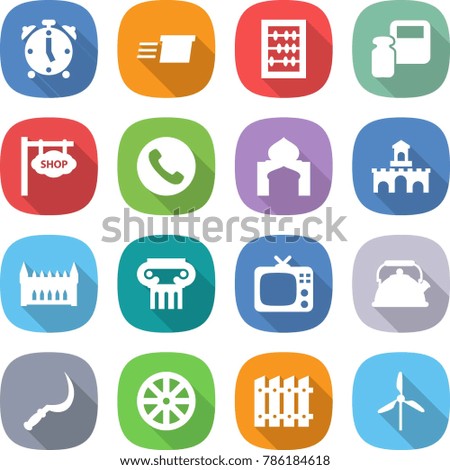 flat vector icon set - alarm clock vector, delivery, abacus, scales weight, shop signboard, phone, minaret, fort, gothic architecture, antique column, tv, kettle, sickle, wheel, fence, windmill