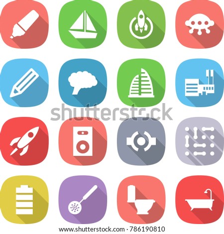 flat vector icon set - marker vector, boat, rocket, ufo, pencil, brain, skyscraper, mall, speaker, connect, circuit, battery, skimmer, toilet, bath