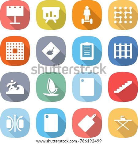 flat vector icon set - billboard vector, presentation, hoverboard, chip, cpu, under construction, clipboard, pallet, surfer, windsurfing, cutting board, stairs, magnetic field, iron