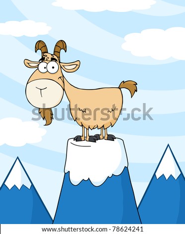 Goat Cartoon Character On Top Of A Mountain Peak