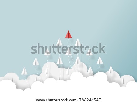 Paper airplanes flying from clouds on blue sky.Paper art style of business teamwork creative concept idea.Vector illustration Royalty-Free Stock Photo #786246547