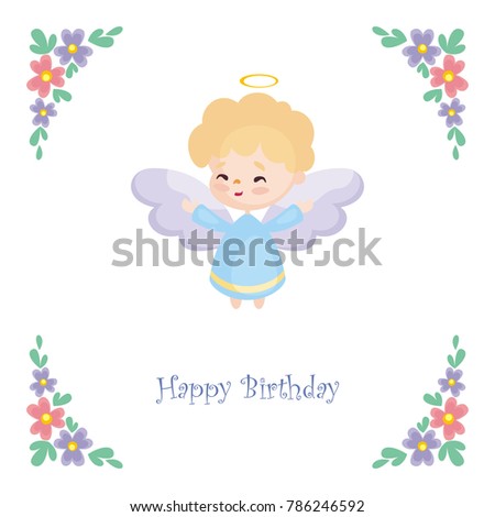 Birthday greeting card with the image of a pretty little angel. Vector illustration on a white background.