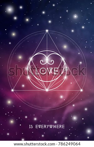 Romantic space Valentine greeting card with geometric sacred geometry  hipster style heart on colorful cosmos background.