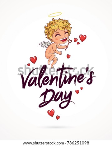 Happy Valentine's day. Vector illustration on a white background. Cute handsome angel with wings. Lettering and calligraphy. Excellent festive gift card.