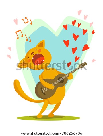 Portrait of flat funny lovely cat character isolated on white background in vector. Cute citten singing valentine song and plaing the guitar.  Children cartoon illustration. 