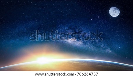 Landscape with Milky way galaxy. Sunrise and Earth view from space with Milky way galaxy. (Elements of this image furnished by NASA) Royalty-Free Stock Photo #786264757