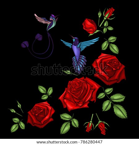 Embroidery ethnic flowers neck line flower design graphics fashion wearing. Red roses and little birds, hummingbirds