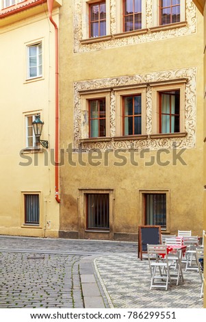 View of a building facades of houses in Prague, Czech Republic