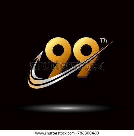 99th anniversary with swoosh and arrow icon. fast and forward golden anniversary logo on black background
