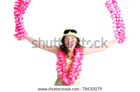 A picture of a happy woman dancing with hawaiian necklaces over white background