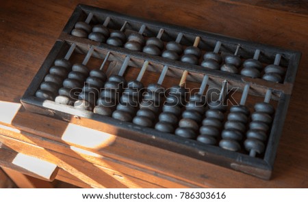 Vintage tone accounting with old abacus and hold electronic calculator. picture financial concept design.