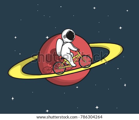 Cute astronaut rides on bicycle at the Saturn.Cartoon style.Childish vector illustration