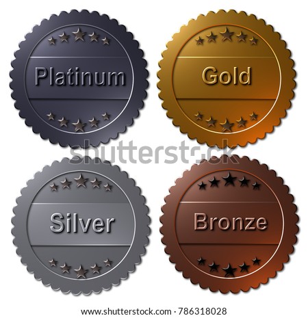 Set of four 3D rendered medals, platinum gold silver and bronze.  Winner metallic badges, seals or buttons