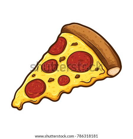 Vector illustration of delicious slice of pepperoni pizza with melted cheese, hand drawn