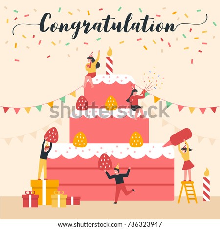 Celebration vector illustration with flat design concept. Included birthday cake, happy people, party, teamwork and more.