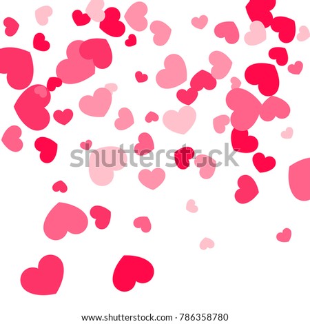 Pink Hearts Confetti Falling on White Background. Valentine's Day Pattern. Romantic Scattered Hearts Cute Texture. Love. Sweet Moment. Gift. Wedding. Anniversary, Birthday. Vector Illustratuion.