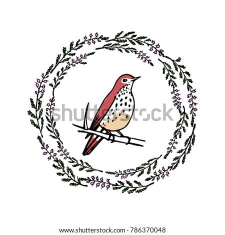 Hand drawn heather wreath with a small bird made in vector. Beautiful floral design elements, ink drawing, logo template