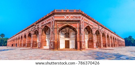 Panoramic views of the first garden-tomb on the Indian subcontinent. The Tomb is an excellent example of Persian architecture. Located in the Nizamuddin East area of Delhi, India. Royalty-Free Stock Photo #786370426